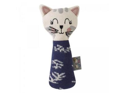 SEVIRA KIDS Hochet tricot&eacute; en coton bio- chaton bleu HOCHET-TRICOT-UK-CHAT-BLEU