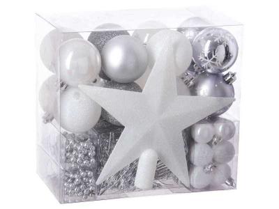 Kit D&eacute;coration pour sapin de No&euml;l - 44 Pi&egrave;ces - Blanc et gris