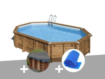 GRE Kit piscine bois Gr&eacute; Avocado 6,56 x 4,56 x 1,27 m + B&acirc;che hiver + B&acirc;che &agrave; bulles