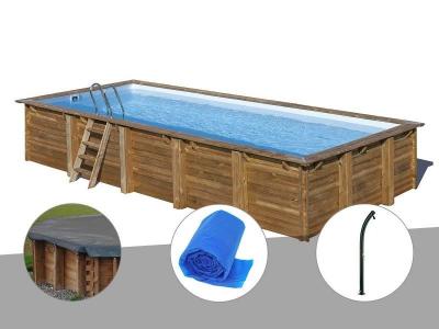 GRE Kit piscine bois Gr&eacute; Braga 8,15 x 4,20 x 1,46 m + B&acirc;che hiver + B&acirc;che &agrave; bulles + Douche