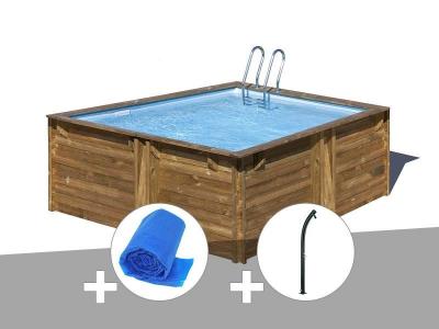 Kit piscine bois Gr&eacute; Carra 3,05 x 3,05 x 1,19 m + B&acirc;che &agrave; bulles + Douche