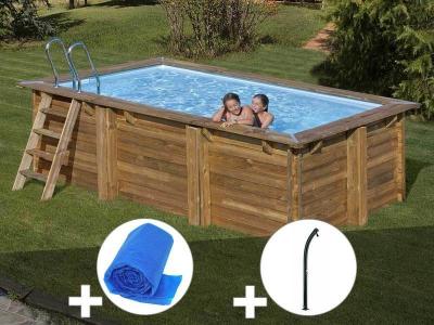 GRE Kit piscine bois Sunbay Marbella 4,27 x 2,77 x 1,19 m + B&acirc;che &agrave; bulles + Douche