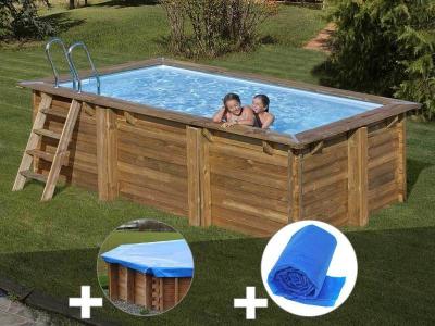 GRE Kit piscine bois Gr&eacute; Marbella 4,20 x 2,70 x 1,17 m + B&acirc;che hiver + B&acirc;che &agrave; bulles