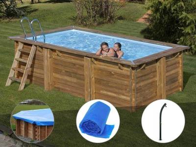 GRE Kit piscine bois Gr&eacute; Marbella 4,20 x 2,70 x 1,17 m + B&acirc;che hiver + B&acirc;che &agrave; bulles + Douche