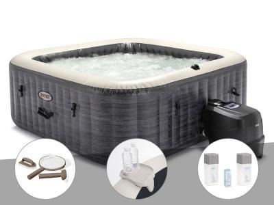 INTEX Kit spa gonflable  PureSpa Ardoise carr&eacute; Bulles 6 places + Kit d'entretien + Porte-verre + Kit de traitement brome