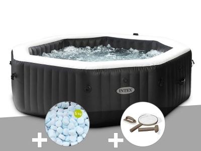 INTEX Kit spa gonflable PureSpa Carbone octogonal Bulles et Jets 6 places + 5 kg de sel + Kit d'entretien