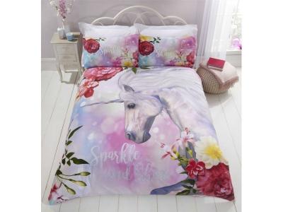 HOME Licorne Cheval Rose - Parure de Lit - Housse de Couette