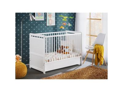 MEUBLORAMA Lit b&eacute;b&eacute; &eacute;volutif - GUIZMO - Coloris blanc mat - Lit r&eacute;glable en hauteur avec tiroir et matelas.