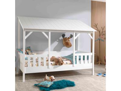 TERRE DE NUIT Lit cabane enfant avec toit blanc en bois 90x200