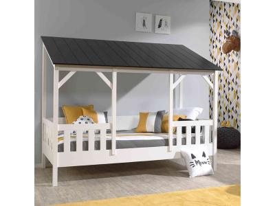 TERRE DE NUIT Lit cabane enfant avec toit noir en bois 90x200