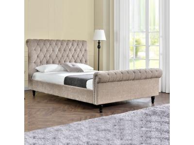 Lit moderne t&ecirc;te de lit haute capitonn&eacute;e tissu beige kapy 160x200 cm