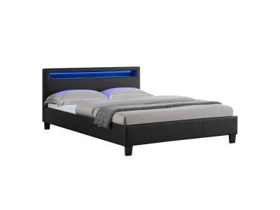 Lit LED double PINOT 140x190 cm, avec sommier, rev&ecirc;tement synth&eacute;tique noir