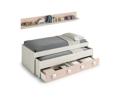 Lit enfant gigogne avec 2 tiroirs et 1 &eacute;tag&egrave;re - gris/rose FOLI7449Y