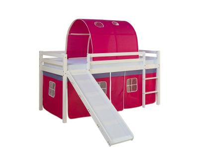 DECOSHOP26 Lit mezzanine pour enfant avec sommier toboggan tunnel rideau mod&egrave;le rose fonc&eacute; 90x200 cm LIT06188