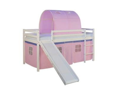 DECOSHOP26 Lit mezzanine pour enfant avec sommier toboggan tunnel rideau mod&egrave;le rose 90x200 cm - Rose