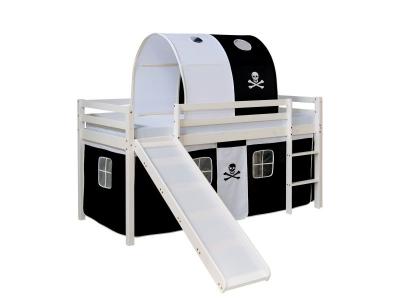 DECOSHOP26 Lit mezzanine pour enfant avec sommier toboggan tunnel rideau mod&egrave;le noir pirate 90x200 cm LIT06196