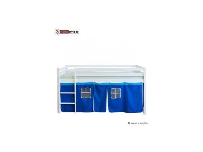 HOMESTYLE4U Lit Simple Blanc 90x200 en hauteur avec echelle et rideau bleu