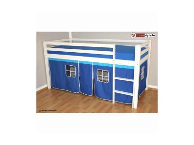 HOMESTYLE4U Lit Simple Blanc 90x200 En Hauteur Avec Echelle Et Rideau Bleu