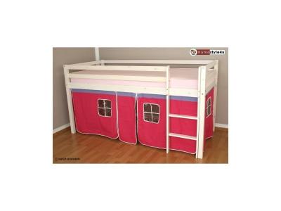 HOMESTYLE4U Lit Simple Blanc 90x200 en hauteur avec echelle et rideau fuchsia