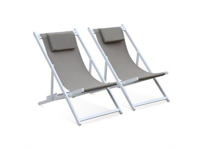 SWEEEK Lot De 2 Bains De Soleil - Gaia Taupe - En Aluminium Blanc Et Textilene Taupe Avec Coussin Repose