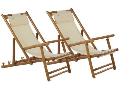 BELIANI Lot de 2 chiliennes en bambou avec tissu blanc cass&eacute; atrani 269858