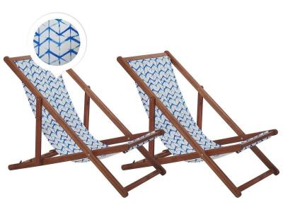 BELIANI Lot de 2 chiliennes en bois fonc&eacute; et tissu zigzag bleu blanc anzio 256881 