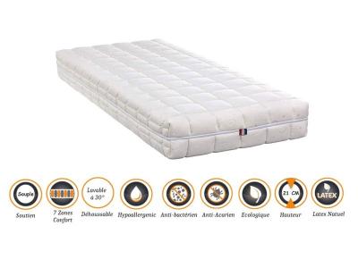  Lot de 2 matelas latex 70% naturel + 2 al&egrave;ses 70x190 x 21 cm souple - d&eacute;houssable housse lavable - 7 zones de confort - ame poli lattex 33 kg/m3 - hy 