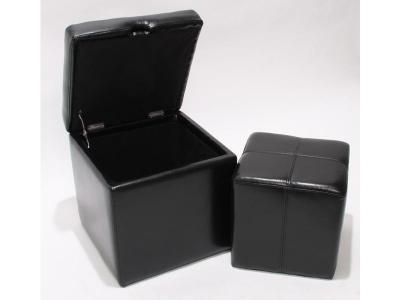 Lot de 2 tabourets Onex, pouf + cube-coffre, cuir, noir