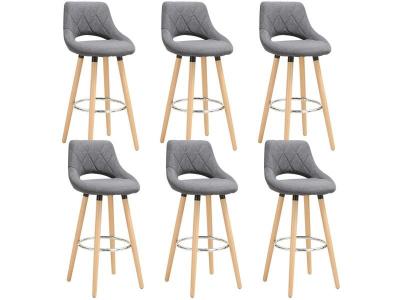 Lot de 6 tabourets de bar-en lin et bois massif avec dossier et repose-pieds-43x40x96cm-gris fonc&eacute;