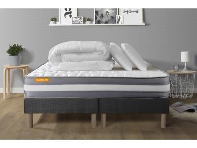 PACK matelas double sommier gris Memoire de forme 3 zones 2 oreillers couette