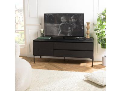 MACABANE  MAXENDRE - Meuble TV noir 1 porte 2 tiroirs pieds m&eacute;tal noir