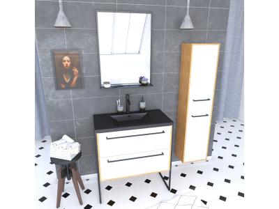 Meuble de salle de bain 80x50cm - vasque noir effet pierre 80x50cm - 2 tiroirs - colonne - miroir