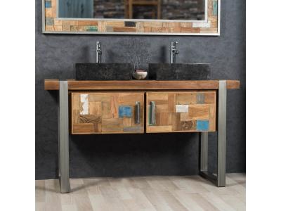 Meuble double de salle de bain en teck recycl&eacute; et m&eacute;tal L140cm