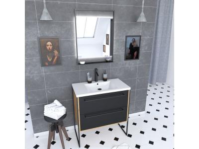 Meuble salle de bain 80x50cm - vasque blanche 80x50 cm - 2 tiroirs noir mat + miroir LED