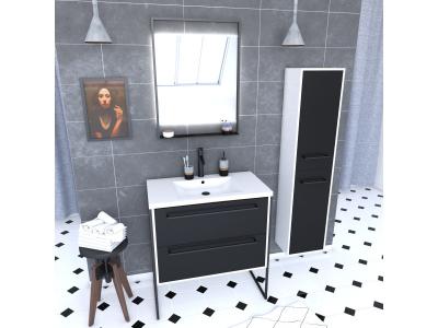 Pack meuble de salle de bain 80x50 NOIR - 2 tiroirs + vasque resine blanche + miroir + colonne