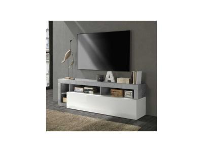TOUSMESMEUBLES  Meuble TV 1 abattant 2 niches blanc laqu&eacute; brillant - ISCHIA : B&eacute;ton cir&eacute; clair -