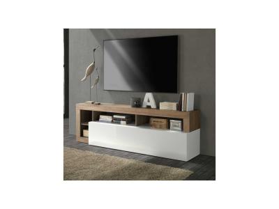 TOUSMESMEUBLES  Meuble TV 1 abattant 2 niches blanc laqu&eacute; brillant - ISCHIA : Ch&ecirc;ne noisette -