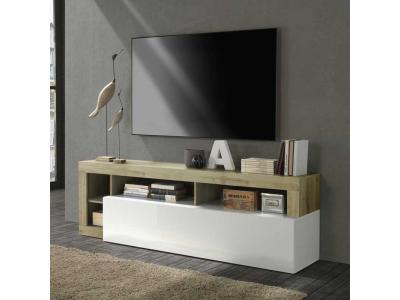 TOUSMESMEUBLES  Meuble TV 1 abattant 2 niches blanc laqu&eacute; brillant - ISCHIA : Ch&ecirc;ne naturel -