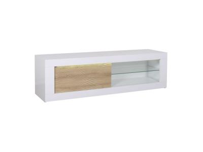 TOUSMESMEUBLES Meuble TV 1 porte coulissante Blanc/Ch&ecirc;ne clair &agrave; LEDs - MARKS - L 170 x l 45 x H 50