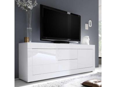 TOUSMESMEUBLES  Meuble TV 2 portes 2 tiroirs Blanc laqu&eacute; brillant - MATERA