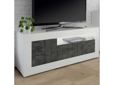TOUSMESMEUBLES Meuble TV 3 portes Blanc/B&eacute;ton cir&eacute; fonc&eacute; - LUBIO - L 138 x l 42 x H 56