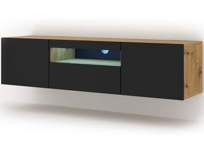 BIM FURNITURE Meuble TV couleur ch&ecirc;ne et noir avec rangements fabriqu&eacute; en HDF et MDF avec &eacute;clairage 