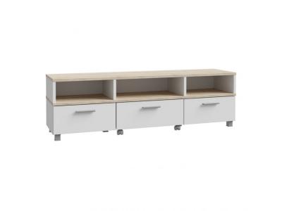 MEUBLETMOI Meuble tv avec table basse &agrave; roulettes bois clair et blanchi - helya