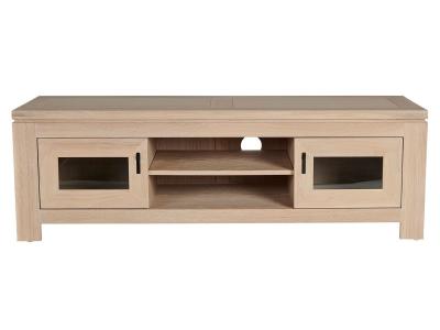 HELLIN Meuble TV bas moderne en ch&ecirc;ne blanchi 2 portes 2 niches