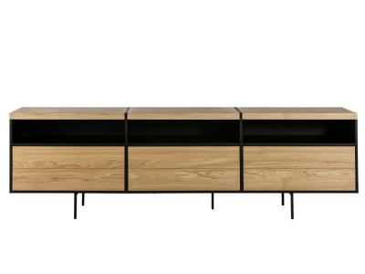 HELLIN Meuble TV bas moderne en bois et m&eacute;tal 3 portes 3 niches L220