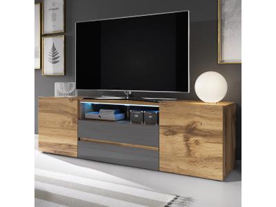 SELSEY Meuble tv - BROS - 140 cm - ch&ecirc;ne wotan / gris brillant - avec led