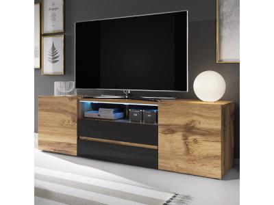 SELSEY Meuble tv - BROS - 140 cm - ch&ecirc;ne wotan / noir brillant - avec led