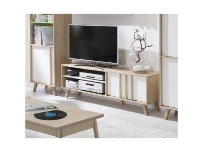 MEUBLORAMA Meuble TV - HIFI de type scandinave de la collection MALMO. Coloris blanc mat + sonoma.