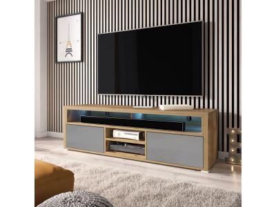 SELSEY  Mario - Meuble TV/Banc TV (140 cm, ch&ecirc;ne wotan/Gris Brillant, avec LED)
