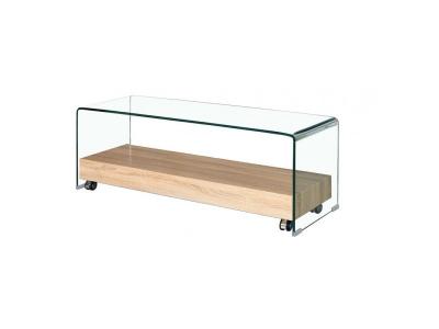MEUBLETMOI Meuble tv verre tremp&eacute; et plateau bois d&eacute;cor ch&ecirc;ne sur roulettes - ice